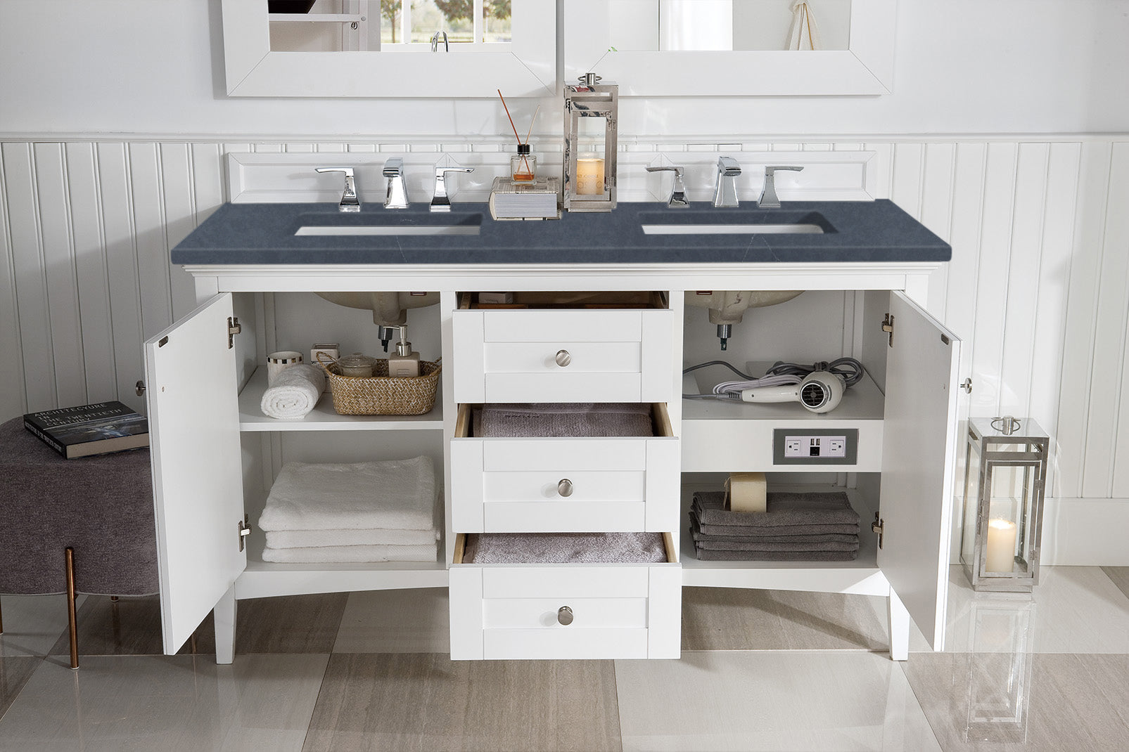 Palisades 60 Inch Double Bathroom Vanity with 3CM Charcoal Soapstone Quartz Countertop in Bright White - Perfect for Master Bathroom Renovation and Modern Home Decor