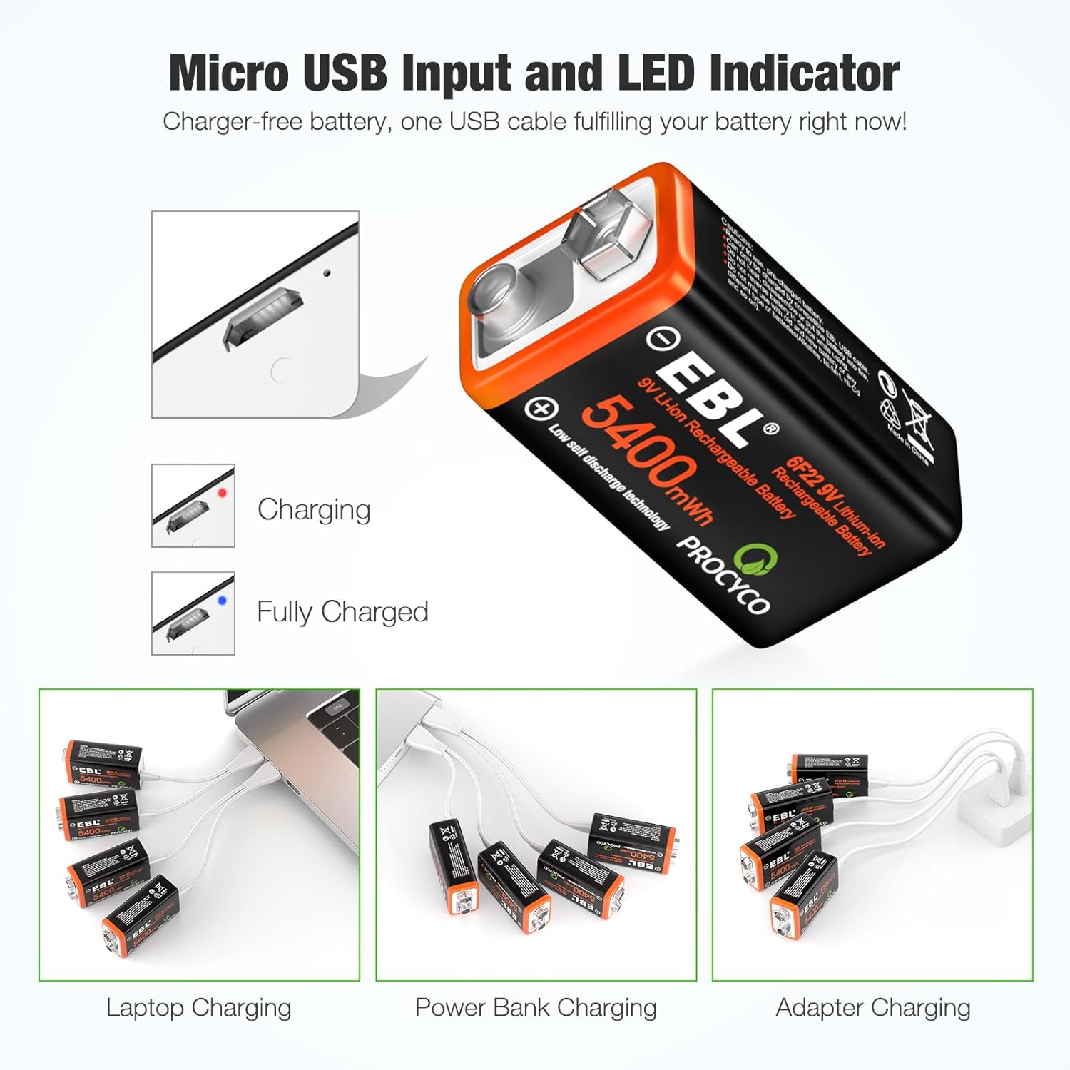 EBL USB Rechargeable 9V Lithium Battery 5400mWh with Charging Cable - High Capacity Long Lasting Power for Guitar Pedals, Smoke Detectors & Medical Devices