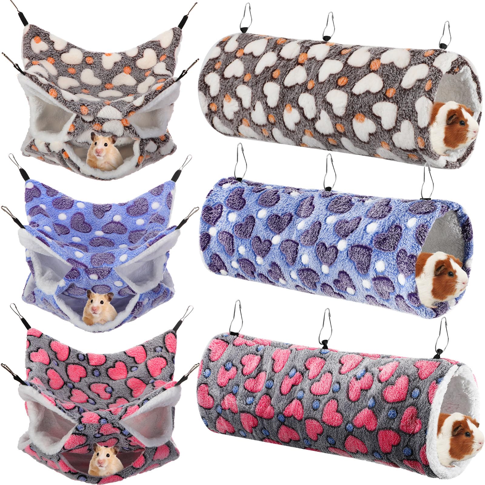 Sweetude 6-Piece Rat Hammocks Set - Ferret Hanging Tunnel & Sugar Glider Toy - Small Animal Hideout Bed for Cage - Guinea Pig, Hamster Accessories - Perfect for Playtime, Resting & Cage Enrichment (Cute Design)