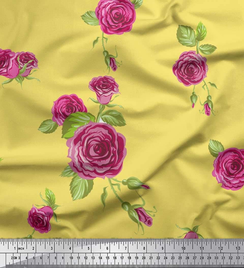 Soimoi Moss Georgette Yellow Fabric by The Yard - 42 Inch Wide Printed Fabric with Leaves & Pink Rose Design for Dresses, Scarves, Blouses - Fashionable & Elegant DIY Sewing Material for Women's Clothing and Home Decor Projects