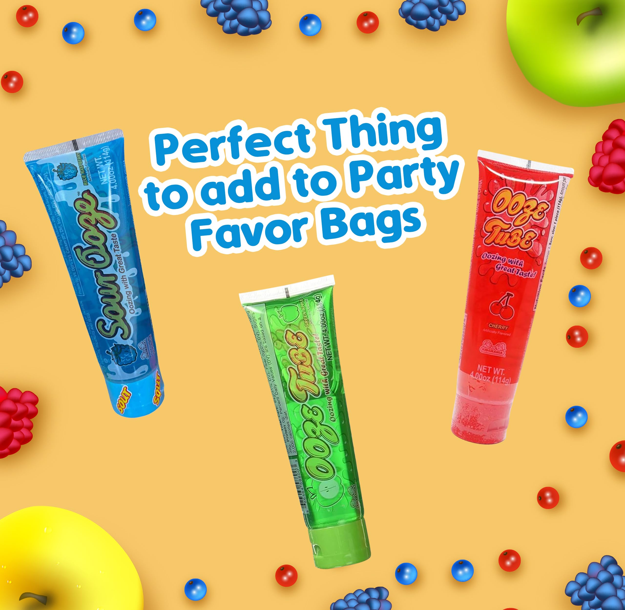 Ooze Sour Squeeze Candy Tube - 12 Pack Blue Raspberry, Cherry & Green Apple Flavored Gel Liquid Lickers with Nosh Pack Bag | Fun Party Favors, Halloween Treats & On-the-Go Snacks for Kids & Adults