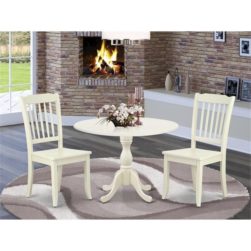 East West Furniture DMDA3-LWH-W 3-Piece Round Drop Leaf Dining Table Set with 2 Wooden Chairs, 42x42 Inch, Linen White - Perfect for Small Spaces, Apartments & Breakfast Nooks