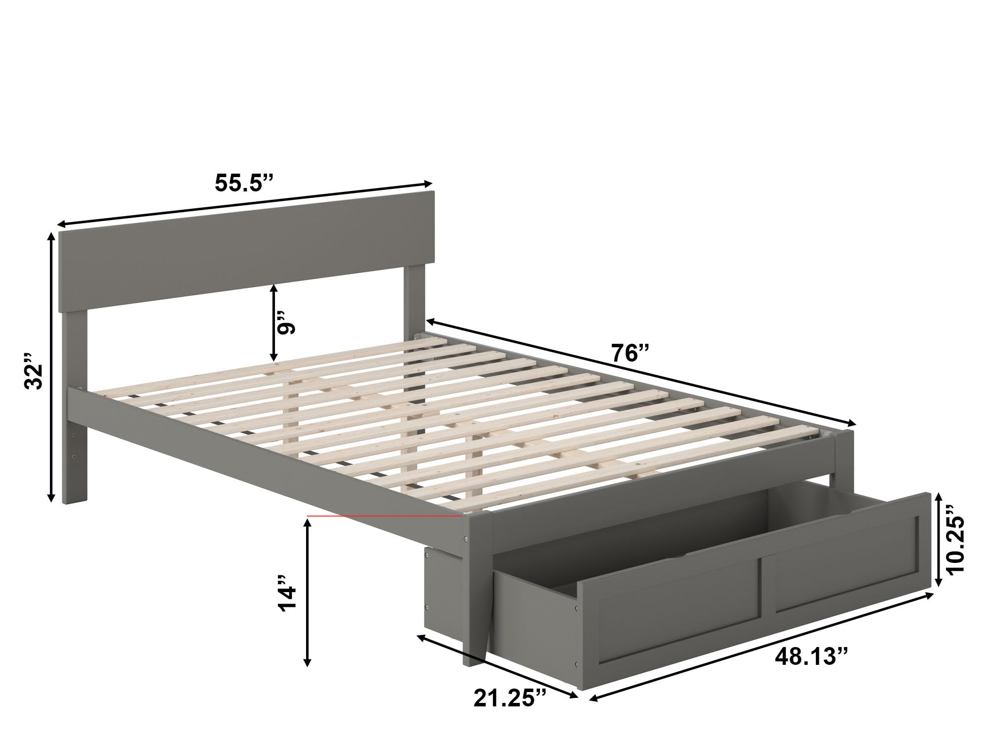 AFI Boston Full Size Platform Bed Frame with Storage Drawer in Grey - Modern Bedroom Furniture for Small Spaces & Guest Rooms
