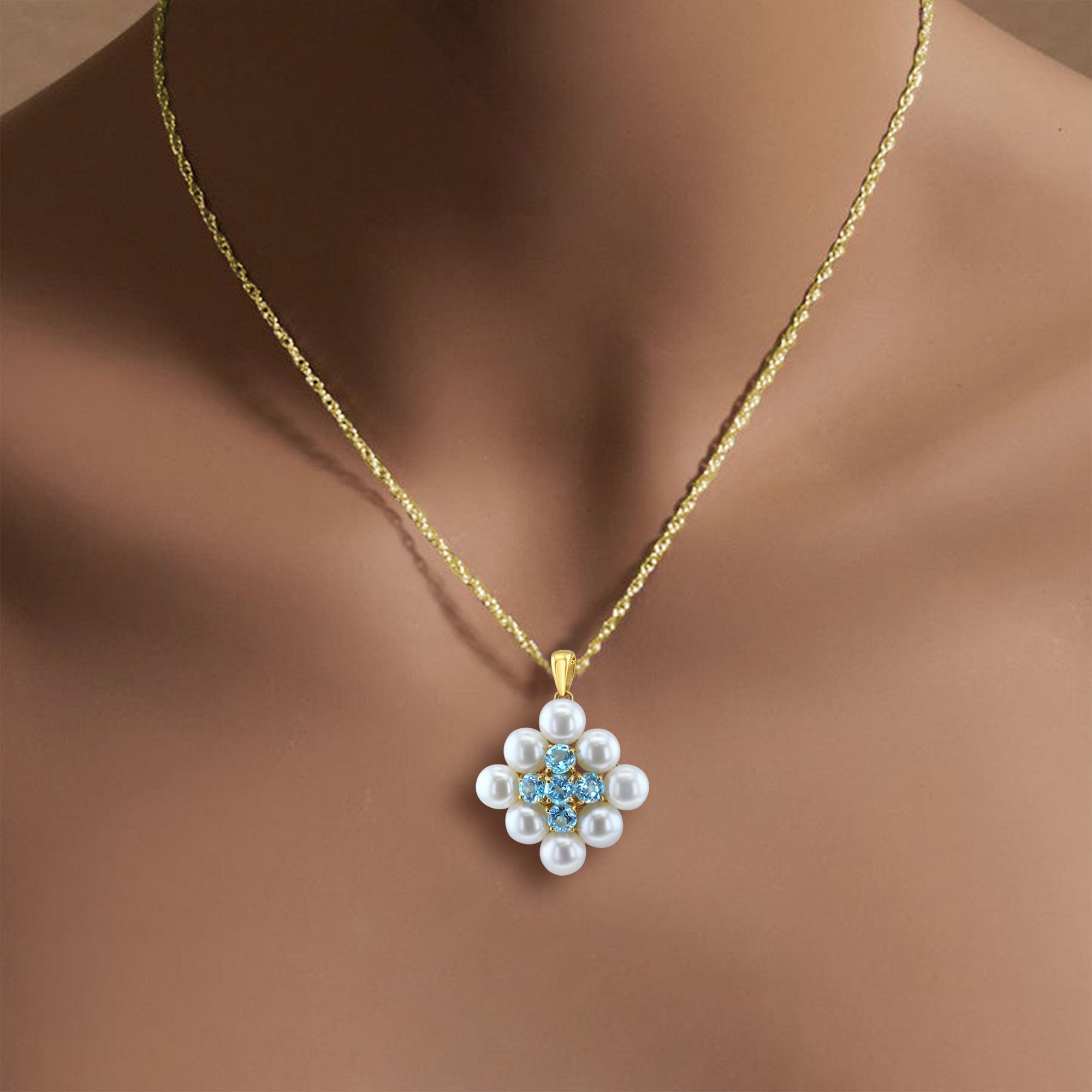 Blue Topaz & Freshwater Pearl Necklace - 14k Yellow Gold Jewelry for Women | Elegant Gift for Birthday, Anniversary & Special Occasions