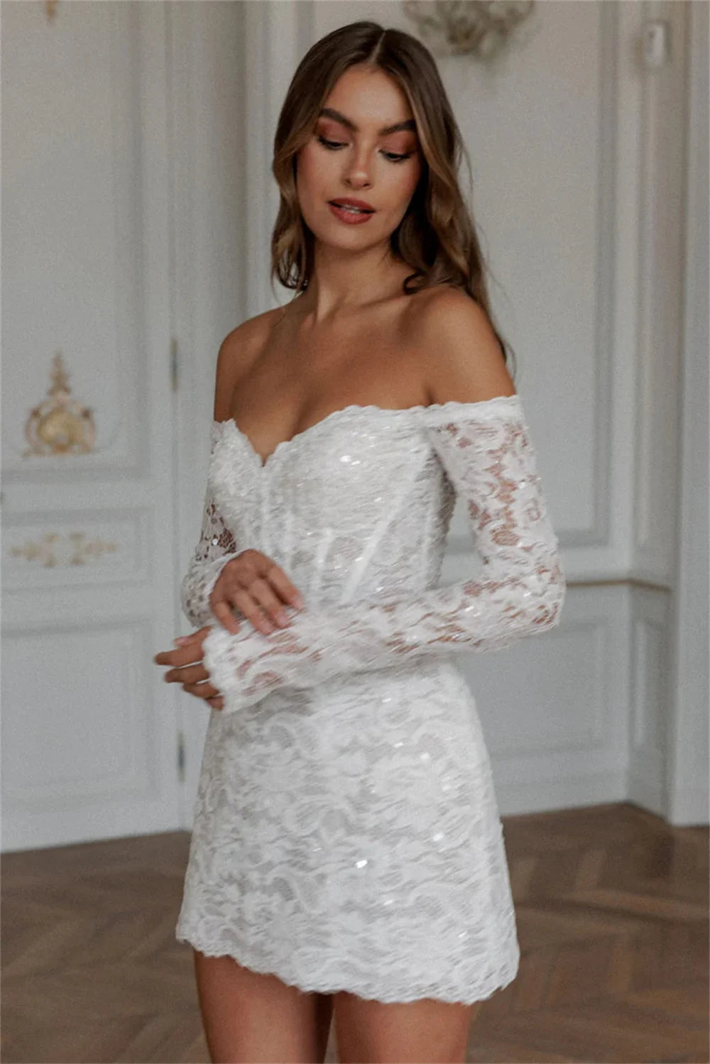 Elegant Off-The-Shoulder Lace Applique Mini Wedding Dress with Long Sleeves - Perfect for Beach Weddings, Vow Renewals & Romantic Photoshoots