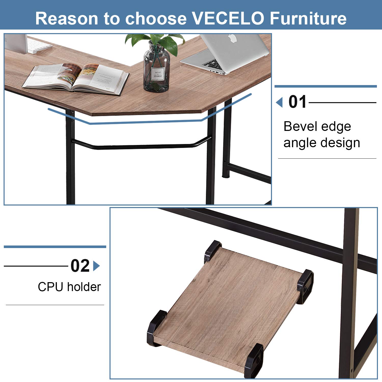 VECELO Modern L-Shaped Corner Computer Desk with CPU Stand - Home Office Workstation for PC & Laptop, Study Writing Table - Metal Frame with Rubber Wood Top & Black Legs - Perfect for Small Spaces & Gaming Setups