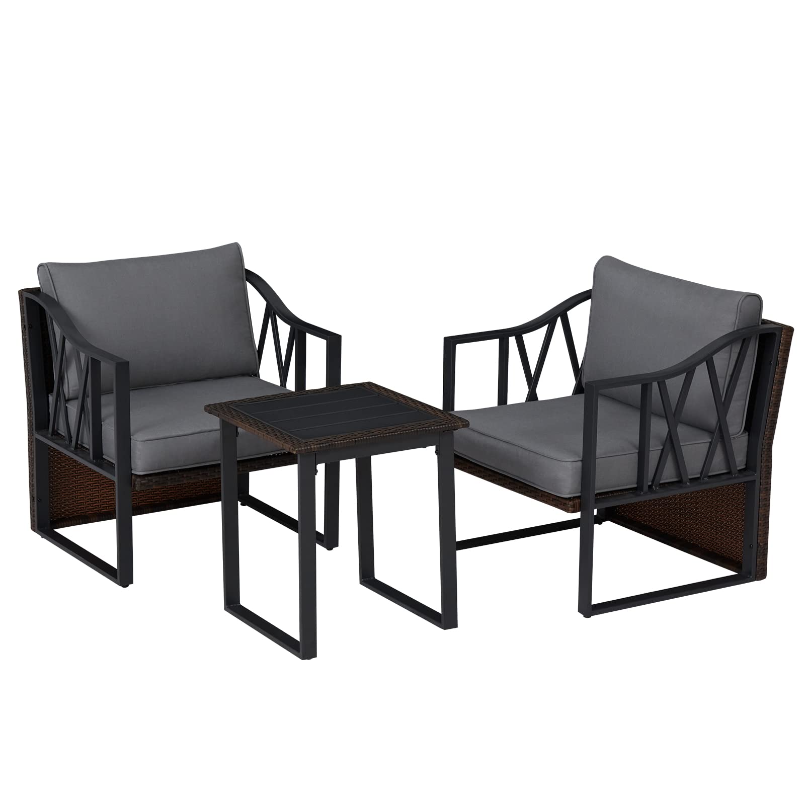 Kinbor 3-Piece PE Rattan Patio Furniture Set - Outdoor Wicker Chairs with Cushions & Coffee Table - Durable Garden, Poolside, Balcony Conversation Set (Dark Gray) | Perfect for Backyard Relaxation, Pool Parties & Outdoor Entertaining