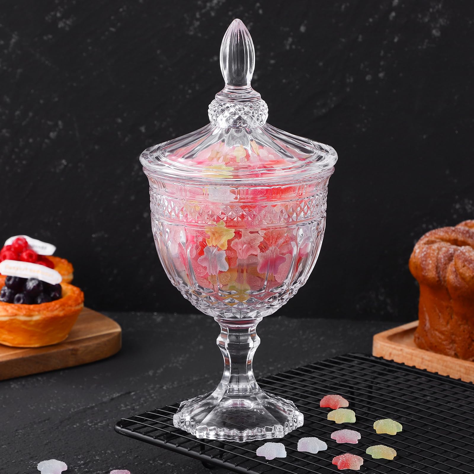 DOITOOL Glass Footed Candy Dish with Lid - Clear Covered Candy Bowl, Crystal Cookie Jar, Decorative Apothecary Jar for Candy Buffet, Party, Home & Office - Perfect for Weddings, Baby Showers & Holiday Decor
