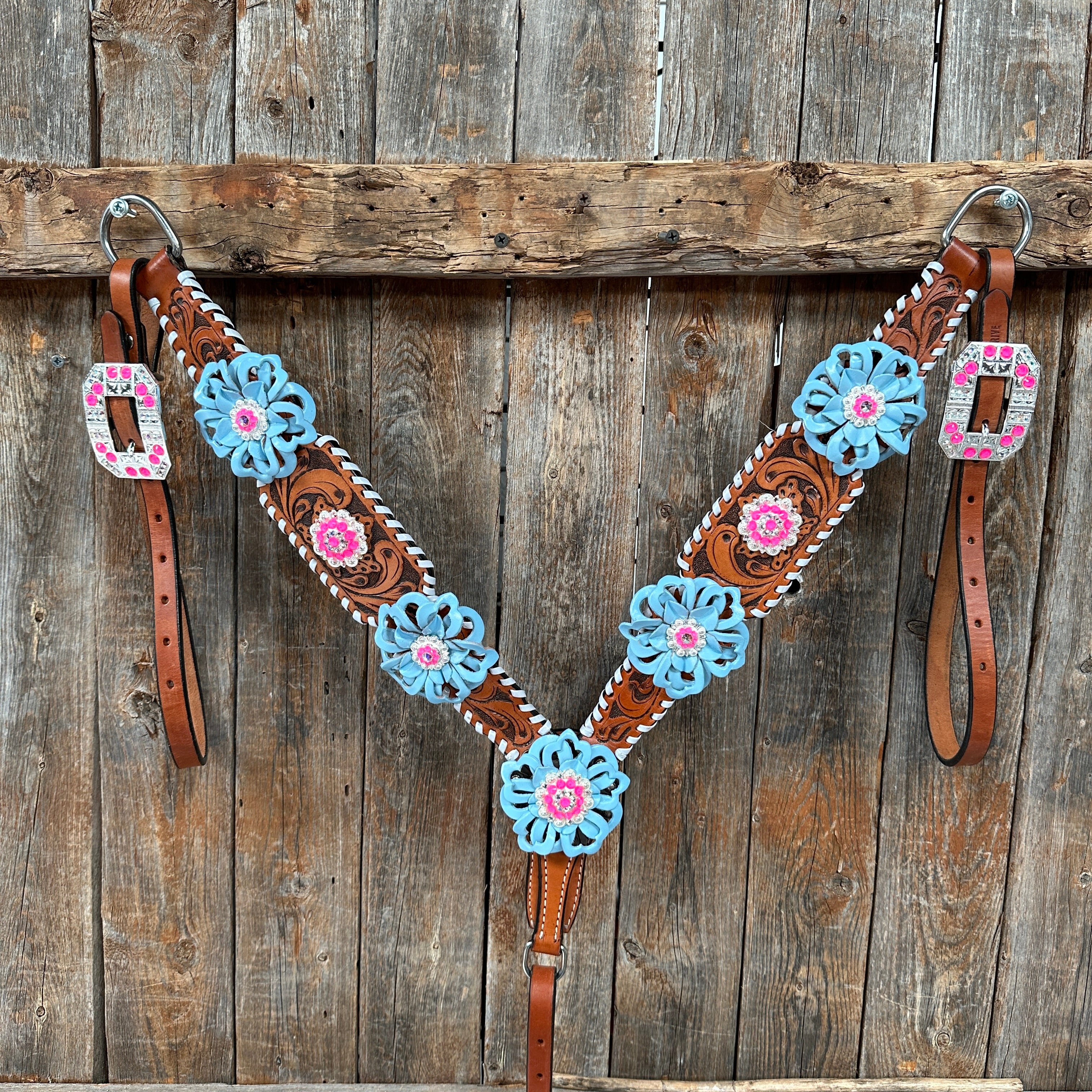Light Oil Whipstitch Pink & Blue One Ear/Breastcollar Tack Set #OEBC575 - Premium Equestrian Gear for Western Riding & Horse Shows