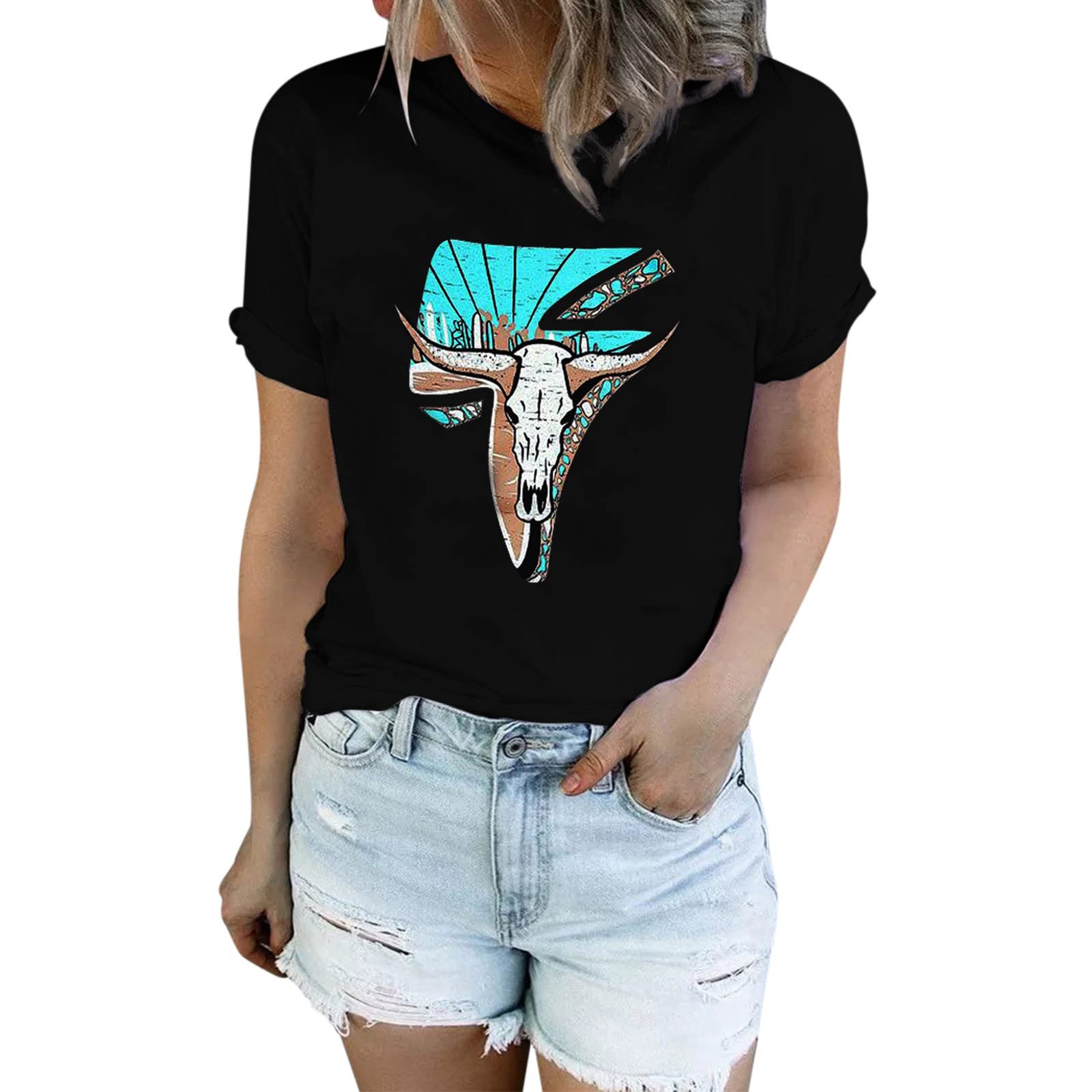 Women's Denim Shirt Short Sleeve Aztec Western Top for Casual & Elegant Daily Wear
