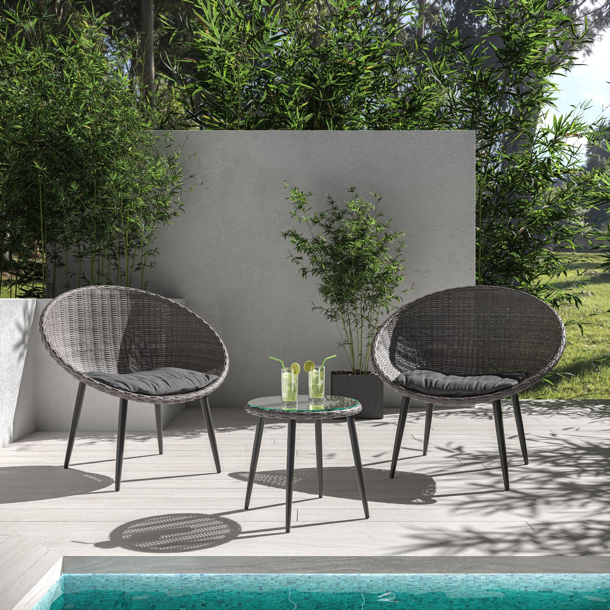 BELLEZE 3-Piece Modern Rattan Patio Bistro Set with Round Chairs & Glass Top Table - Outdoor Wicker Furniture for Backyard, Porch, Garden or Balcony - Hitia (Grey) - Perfect for Relaxing, Dining & Entertaining Guests