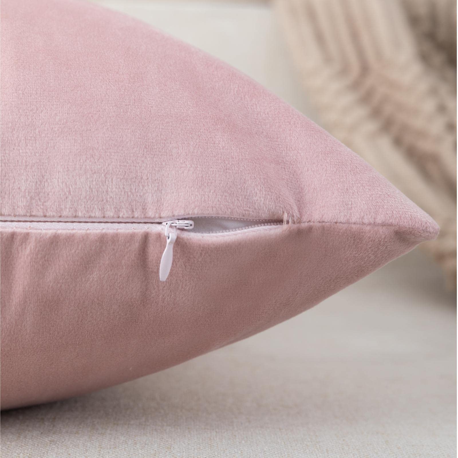 ZLINA Set of 2 Velvet Decorative Throw Pillow Covers - 18x18 Inch Pink & White Patchwork with Gold Leather Accent - Luxury Cushion Covers for Sofa, Bedroom, Living Room & Car Decor - Soft & Stylish Home Accessories