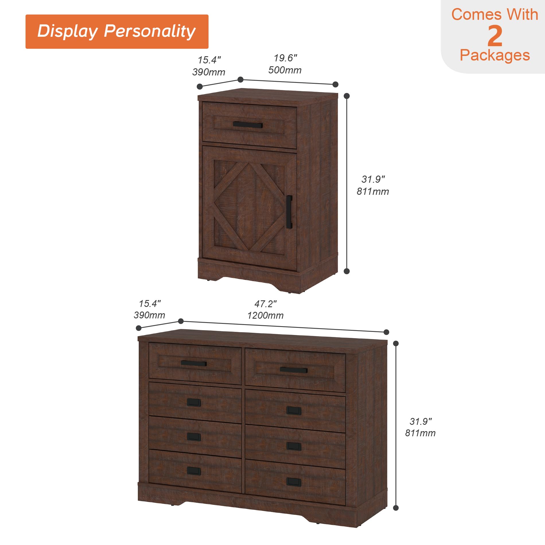 WAMPAT 2-in-1 Extra Wide 9-Drawer Dresser with Door - Brown Bedroom Storage Organizer - Set of 2 Chest of Drawers for Living Room, Hallway, Nursery (66.8