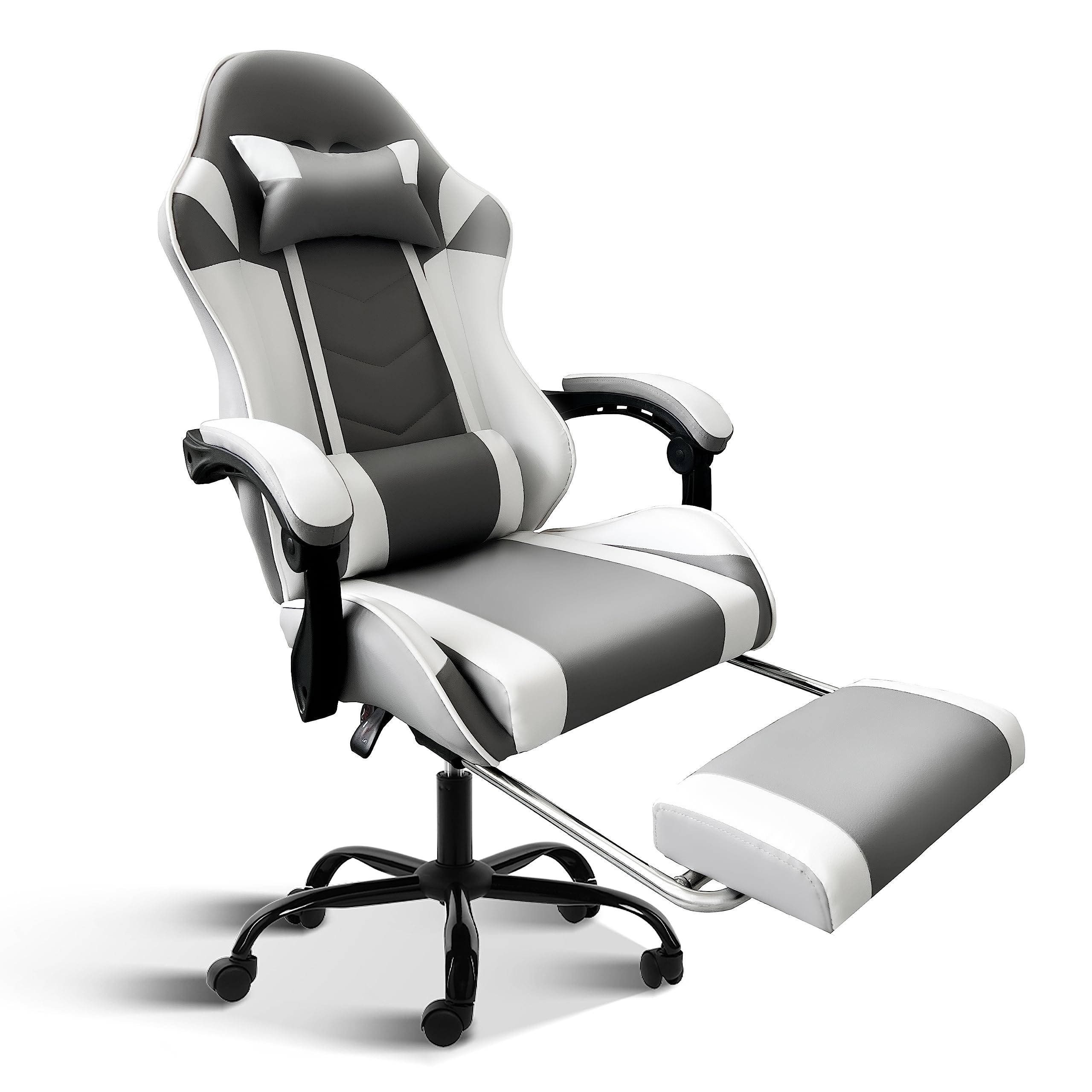 Premium White Gaming Chair with Footrest - Big and Tall Ergonomic Racing Style Office Chair - Adjustable Swivel Seat with Headrest & Lumbar Support - Perfect for PC Gaming, Streaming, and Home Office Workstations