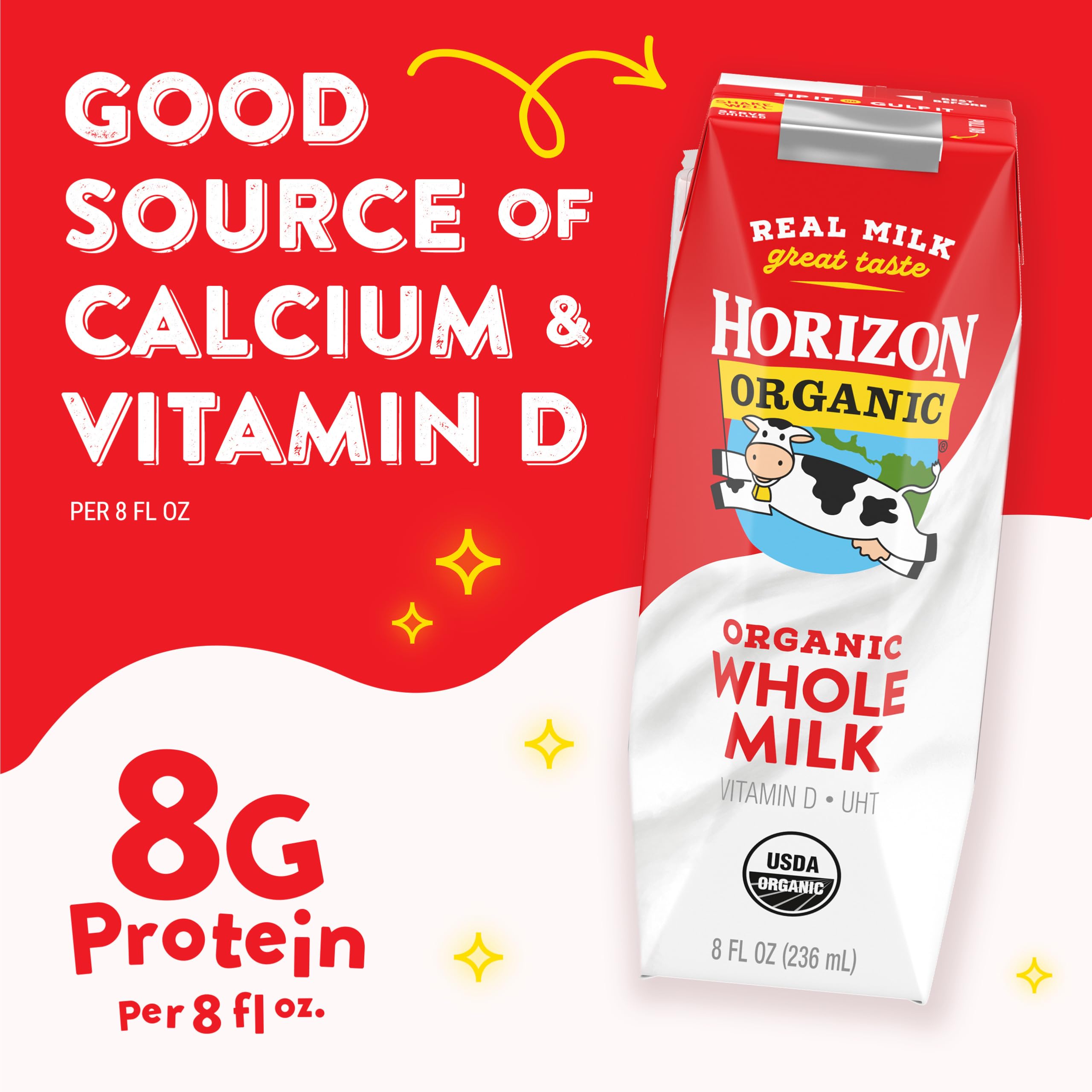 Horizon Organic Whole Milk 18-Pack, 8 fl oz Cartons - Perfect for School Lunches, Office Snacks & Healthy Family Breakfasts