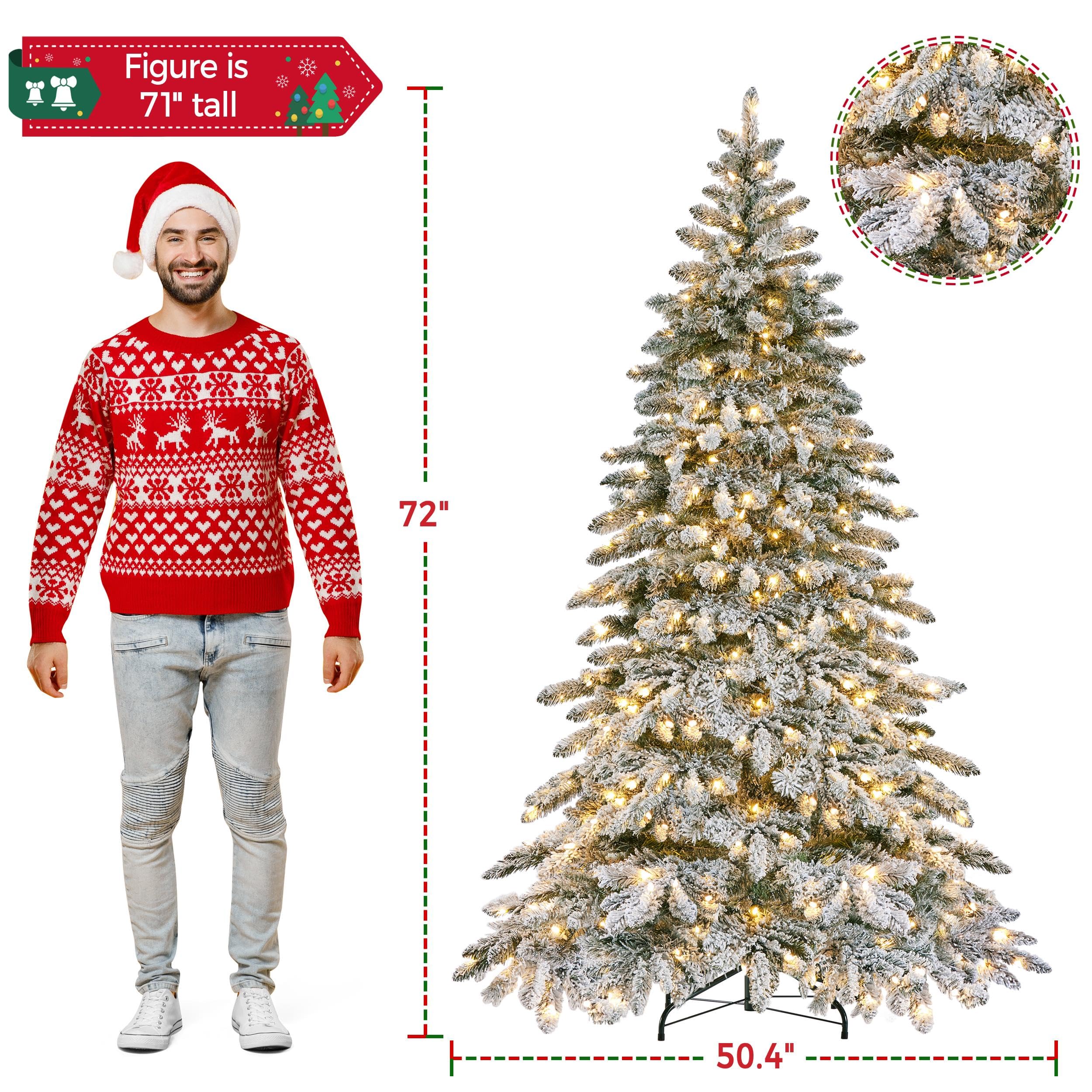Yaheetech 6ft Pre-Lit Artificial Christmas Tree with 400 Warm White LED Lights & 940 PVC Tips, Hinged Snow Flocked Xmas Tree with Foldable Stand & Protective Foot Caps - Perfect for Home, Office, and Holiday Decorations