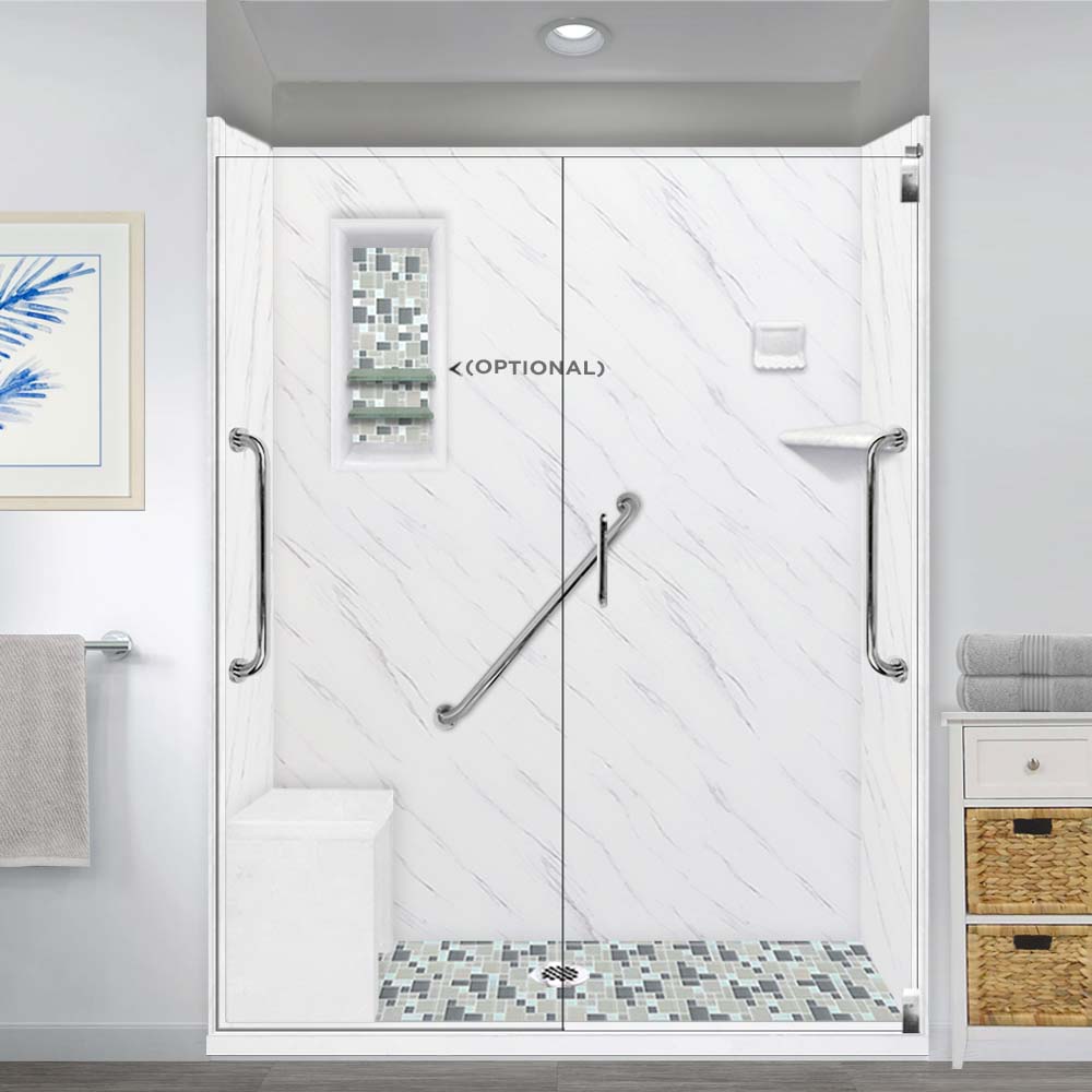 Freedom Carrara Marble Newport Mosaic Alcove Shower Enclosure Kit - Premium Bathroom Upgrade for Modern Homes, Spa-Like Shower Experience