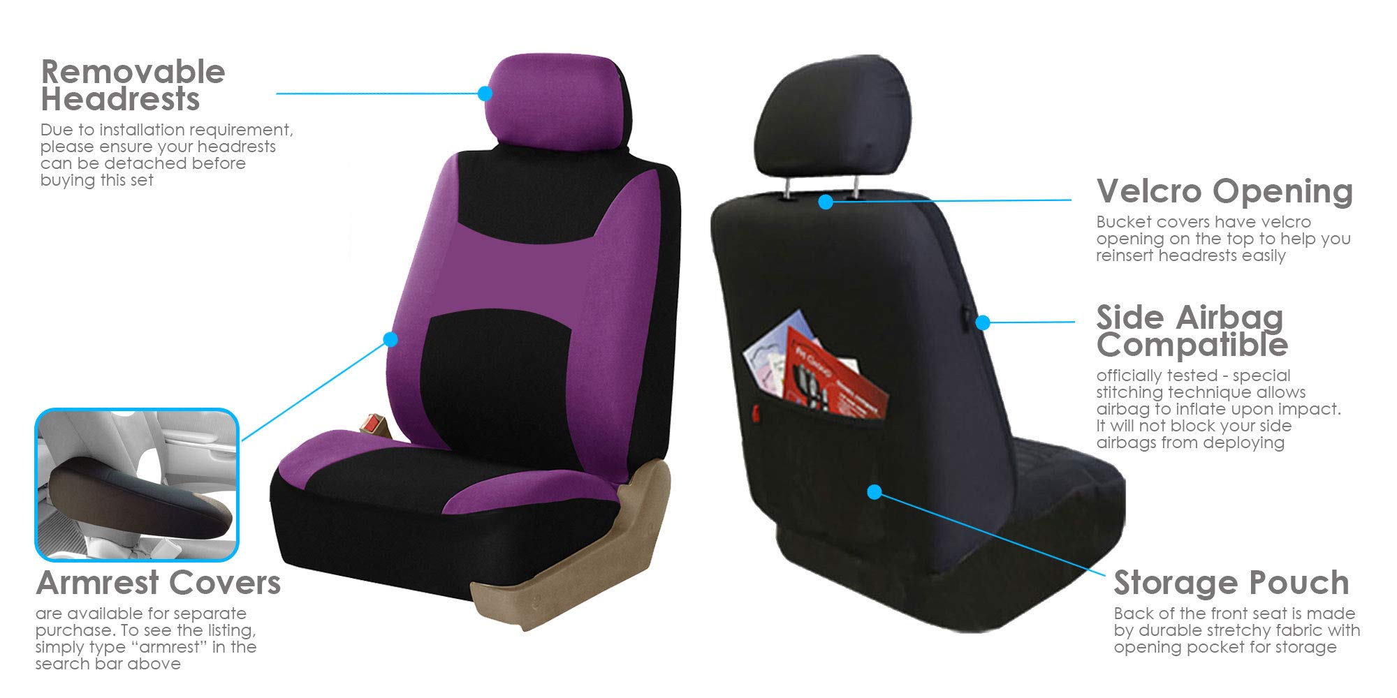 FH Group Light & Breezy Cloth Car Seat Covers - 7 Seater 3-Row Universal Fit for Cars, Trucks & SUVs | Airbag & Split Bench Compatible | Purple & Black | Perfect for Road Trips & Family Protection