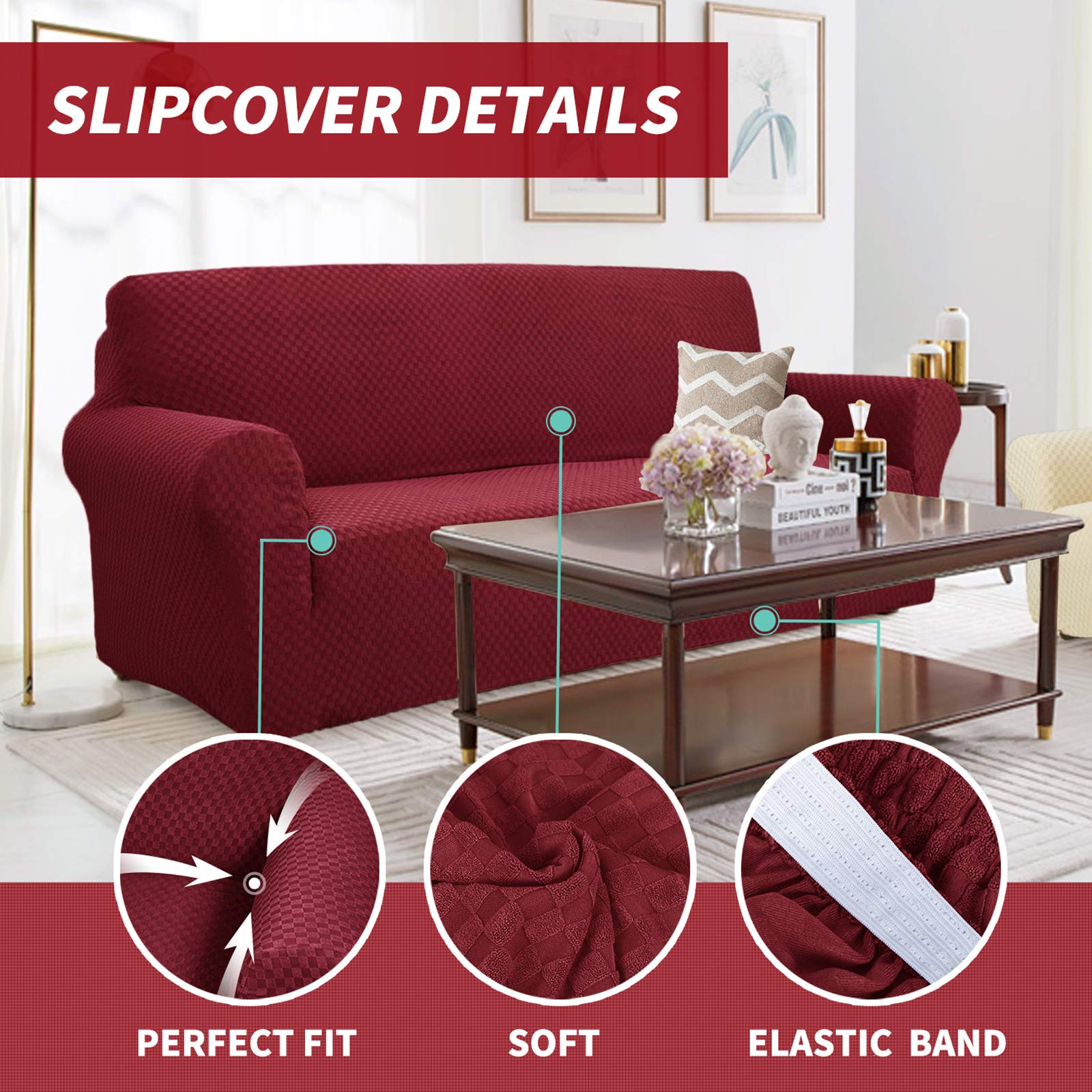 YEMYHOM Jacquard Stretch Sofa Cover - Non-Slip Elastic Furniture Protector for Living Room Chairs, Pet-Proof Armchair Slipcover (Small, Christmas Wine Red) - Perfect for Home Decor, Pet Owners & Holiday Styling
