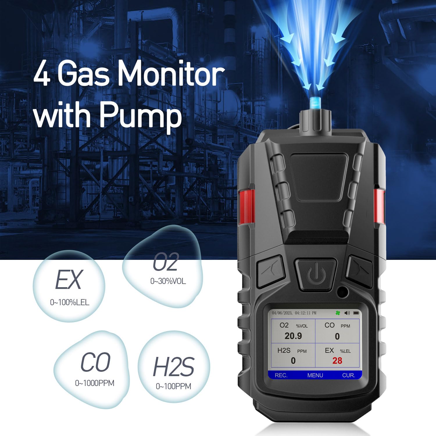 Portable 4-in-1 Gas Detector with Pump - CO, EX, O2, H2S Monitor | 3000mAh Rechargeable Battery & Calibration Kit | LCD Display with Clip | Ideal for Sewer Gas Detection, Industrial Safety & Confined Space Monitoring