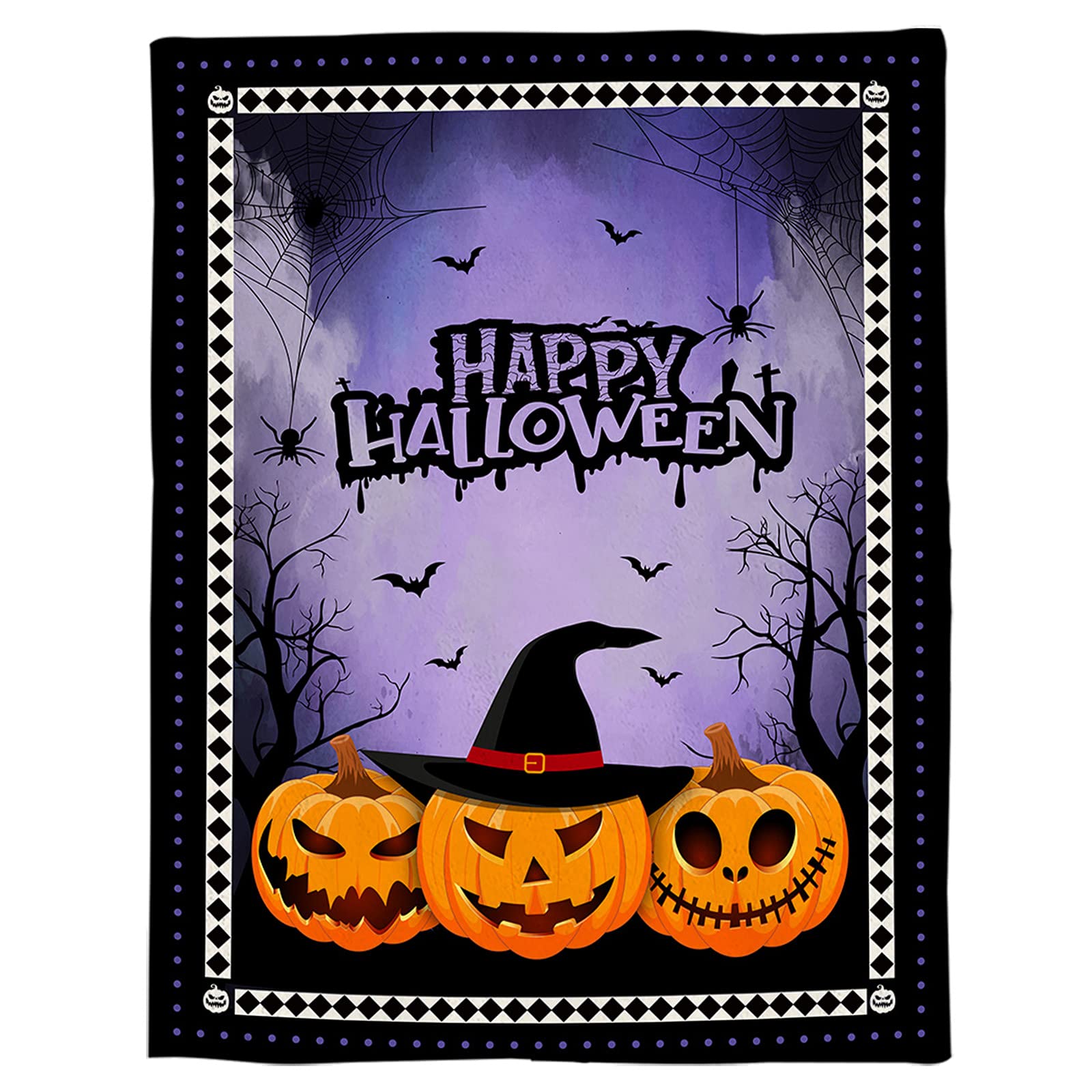 Halloween Pumpkin Blanket - Super Soft Flannel Fleece Throw Blanket with Bats & Diamond Purple Plaid Border - Lightweight Cozy Warm Fuzzy Plush Microfiber Blanket for Couch, Bed, Sofa (50x60 inches) - Perfect for Fall Decor, Movie Nights & Seasonal Home Comfort