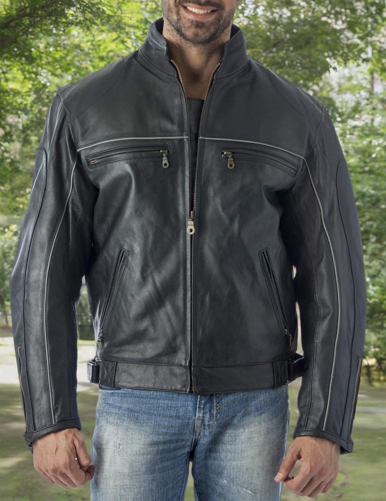 REED Men's Vented Leather Motorcycle Jacket with Light Reflector - Breathable Biker Jacket for Riding, Cruising & Night Safety