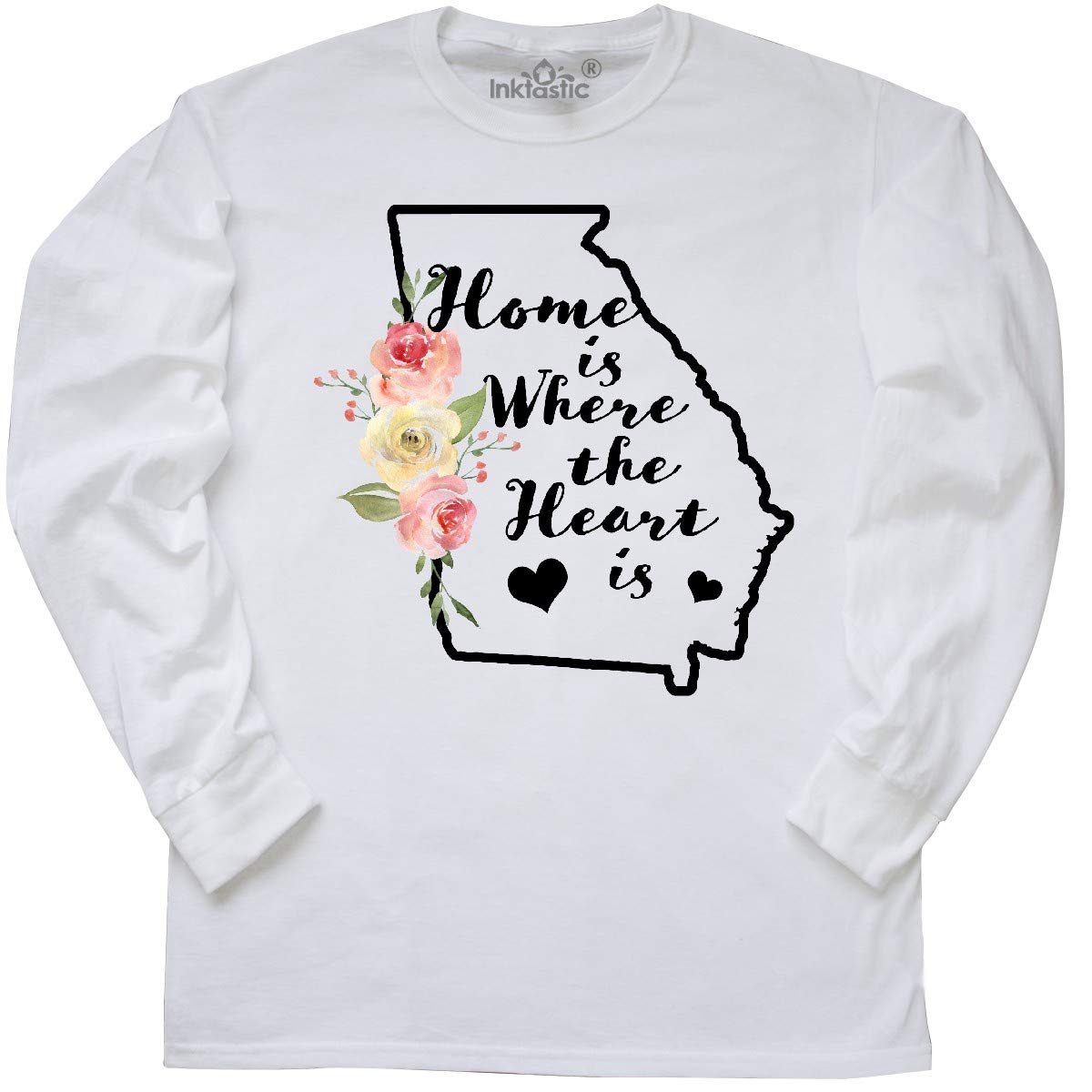 Inktastic Georgia Home Where The Heart is Watercolor Long Sleeve T-Shirt for Women - Soft Cotton Comfort Tee for Casual Wear, Family Gatherings & Southern Pride Outfits