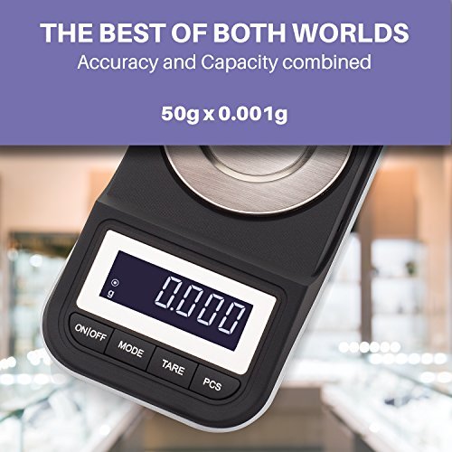 Smart Weigh 50g x 0.001g High Precision Digital Milligram Scale with Tweezers, Calibration Weights & 3 Weighing Pans - Portable Jewelry Scale for Gold, Silver, Diamonds, Medicine & Lab Use - Includes Protective Case