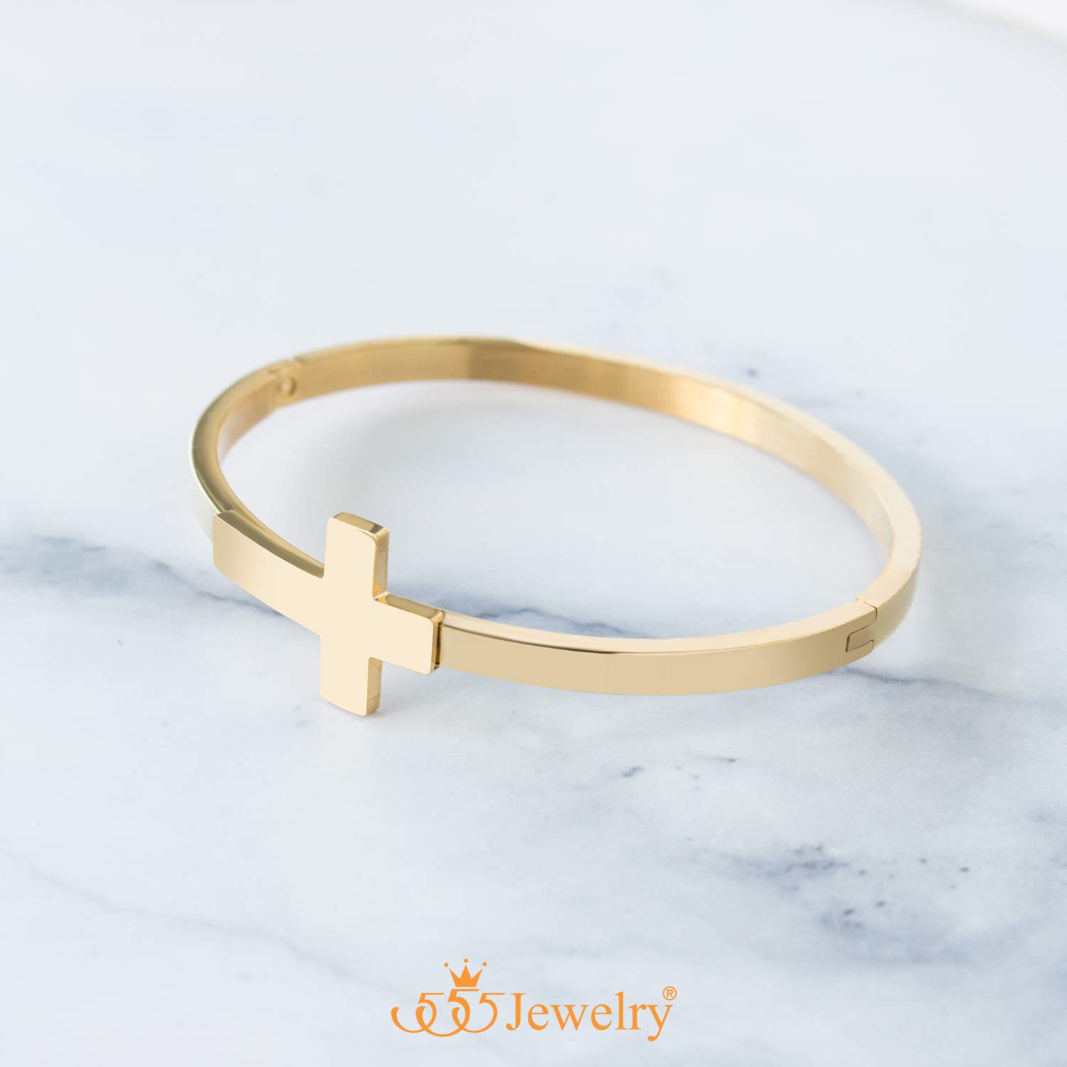 555Jewelry Stainless Steel Sideways Cross Cuff Bangle Bracelet for Women - Hypoallergenic Hinge Lock Design - Elegant Religious Jewelry for Everyday Wear & Special Occasions