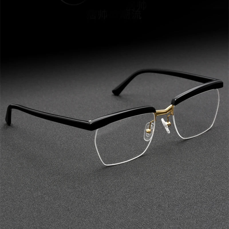 Stylish Black Acetate Semi-Rimmed Square Eyeglasses for Men - Trendy Brow Line Design TH001 | Perfect for Work, Reading & Fashion Accessories