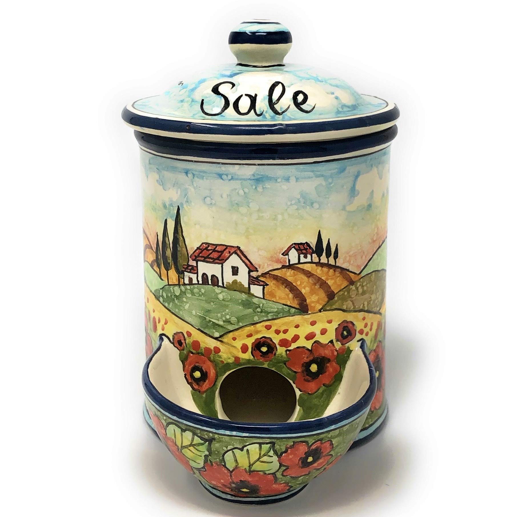 Hand-Painted Italian Ceramic Jar - Tuscan Art Pottery with Poppy Flowers, Salt or Spice Container, Home Decor - Perfect for Kitchen, Dining Table & Countryside Themed Interiors