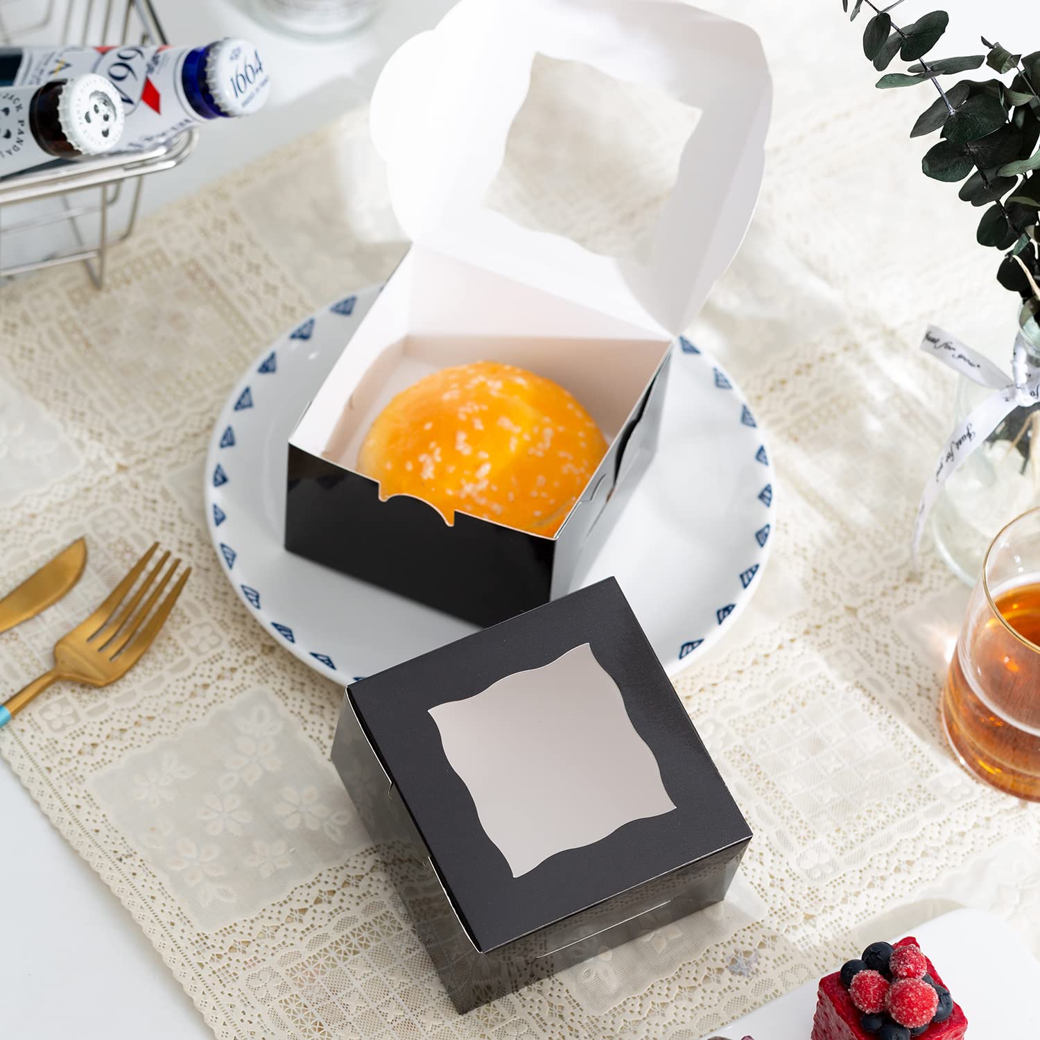 100-Pack 4x4x2.5 Inch Small Bakery Boxes with Window - Mini Cake & Pastry Boxes for Cupcakes, Donuts, Chocolate Strawberries, Desserts, Candies | Perfect for Home Baking, Party Favors, Wedding Treats & Gift Packaging (Black)