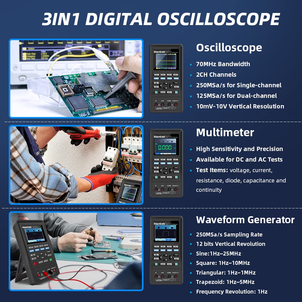 Hantek 2D72 70MHz Handheld Digital Oscilloscope with Waveform Generator & Multimeter - 3-in-1 Portable Oscilloscope Multifunction Tester (2CH+AFG+DMM) w/ 2 Probes - Ideal for Electronics Repair, Circuit Testing & Engineering Education