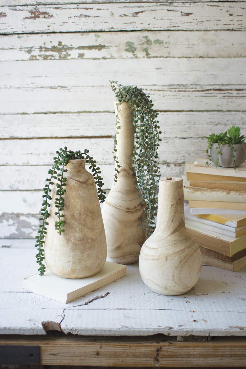 Hand Carved Tall Wooden Bottles Set of 3 - African Kalalou Decorative Vases for Home Decor, Wedding Centerpieces & Boho Chic Interior Styling