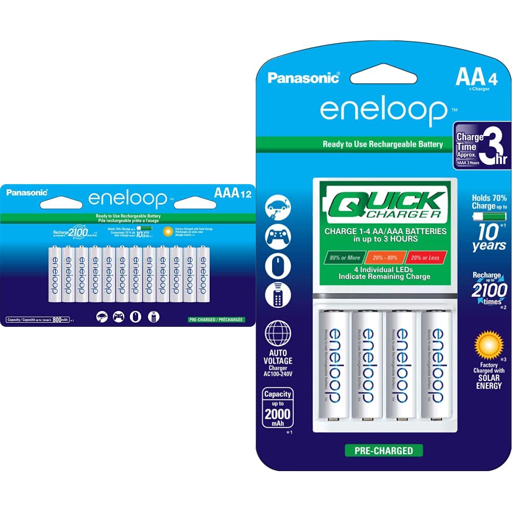 Panasonic BK-4MCCA12FA eneloop AAA 2100 Cycle Ni-MH Pre-Charged Rechargeable Batteries with K-KJ55MCA4BA Fast 3-Hour Charger & 4 AA eneloop Batteries - Perfect for Cameras, Flashlights, Toys, and Electronics (White)