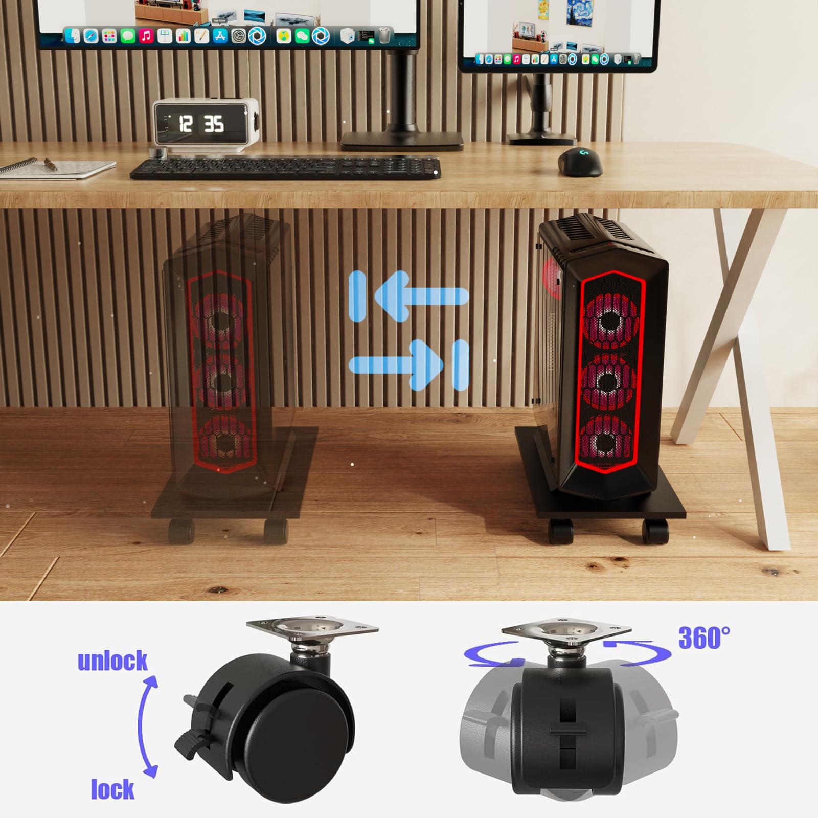 CPU Stand with 4 Caster Wheels - Mobile Computer Tower Holder for PC, Printer & Home Office Use - Perfect for Computer Towers, Planters & Pet Bowls (Black)