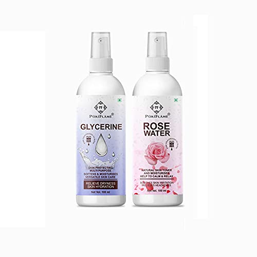 PuriFlame 100% Pure Glycerin for Skin Hydration & Rose Water Facial Toner - 100ml Each (Combo Pack of 2) | Moisturize Dry Skin, Prevent Acne & Blackheads | Perfect for Daily Skincare Routine & DIY Beauty Treatments