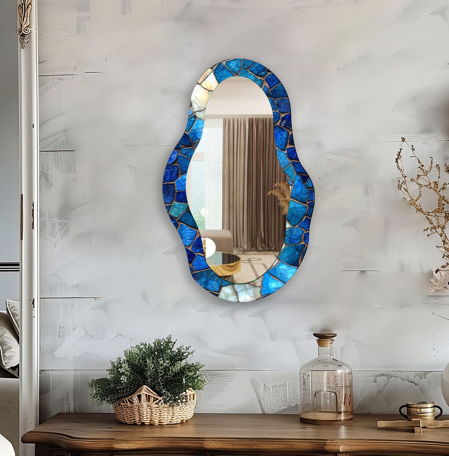 Blue Mosaic Asymmetrical Wall Mirror - Handcrafted Boho Decor for Living Room, Bedroom & Entryway - Unique Decorative Mirror for Home & Office