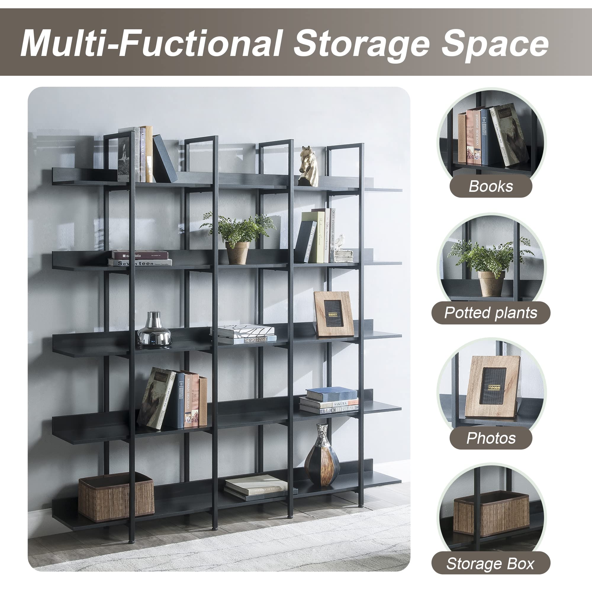 LUMISOL 5-Tier Industrial Bookshelf - Modern Wood & Metal Bookcase for Home Office, Living Room, Bedroom - Open Storage Shelf for Books, Decor & Organizing (Black)