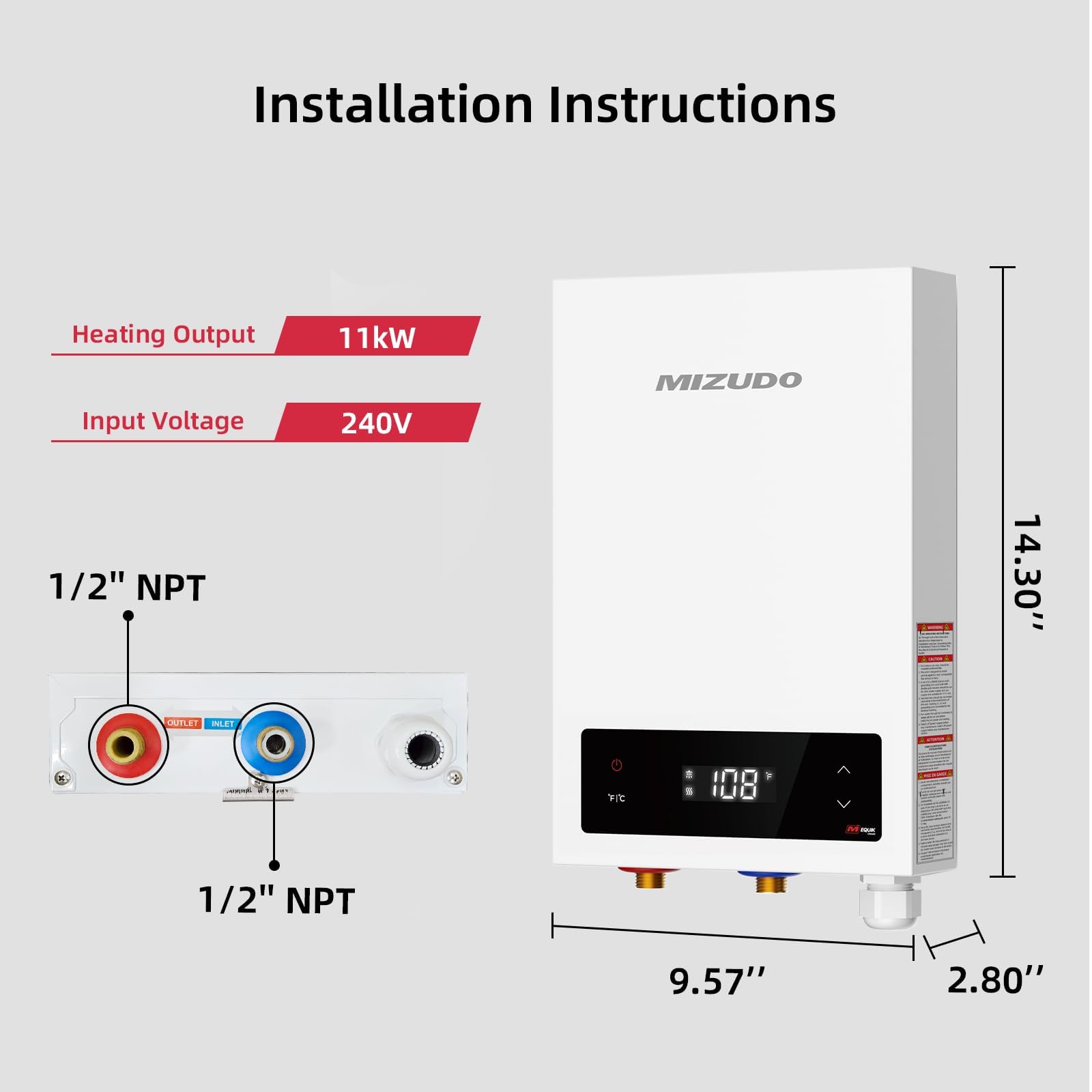 MIZUDO 11kW 240V Electric Tankless Water Heater - Instant Endless Hot Water, 2.6 GPM Flow Rate, LED Digital Display, ETL Certified | Perfect for Kitchen, Bathroom & RV Use