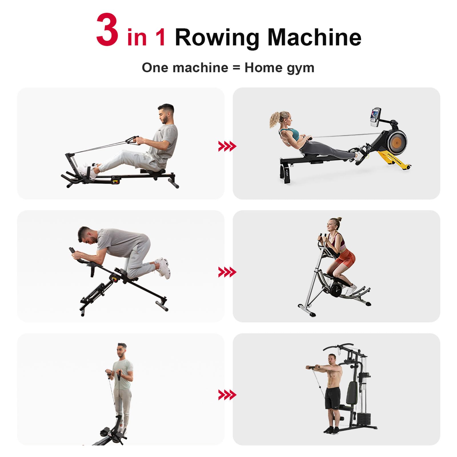 TOUSAINS 3-in-1 Foldable Rowing Machine with Resistance Bands - Full Body Workout Equipment for Home Gym, Ab Trainer & Cardio Exercise - Perfect for Small Spaces & Indoor Fitness (Black)