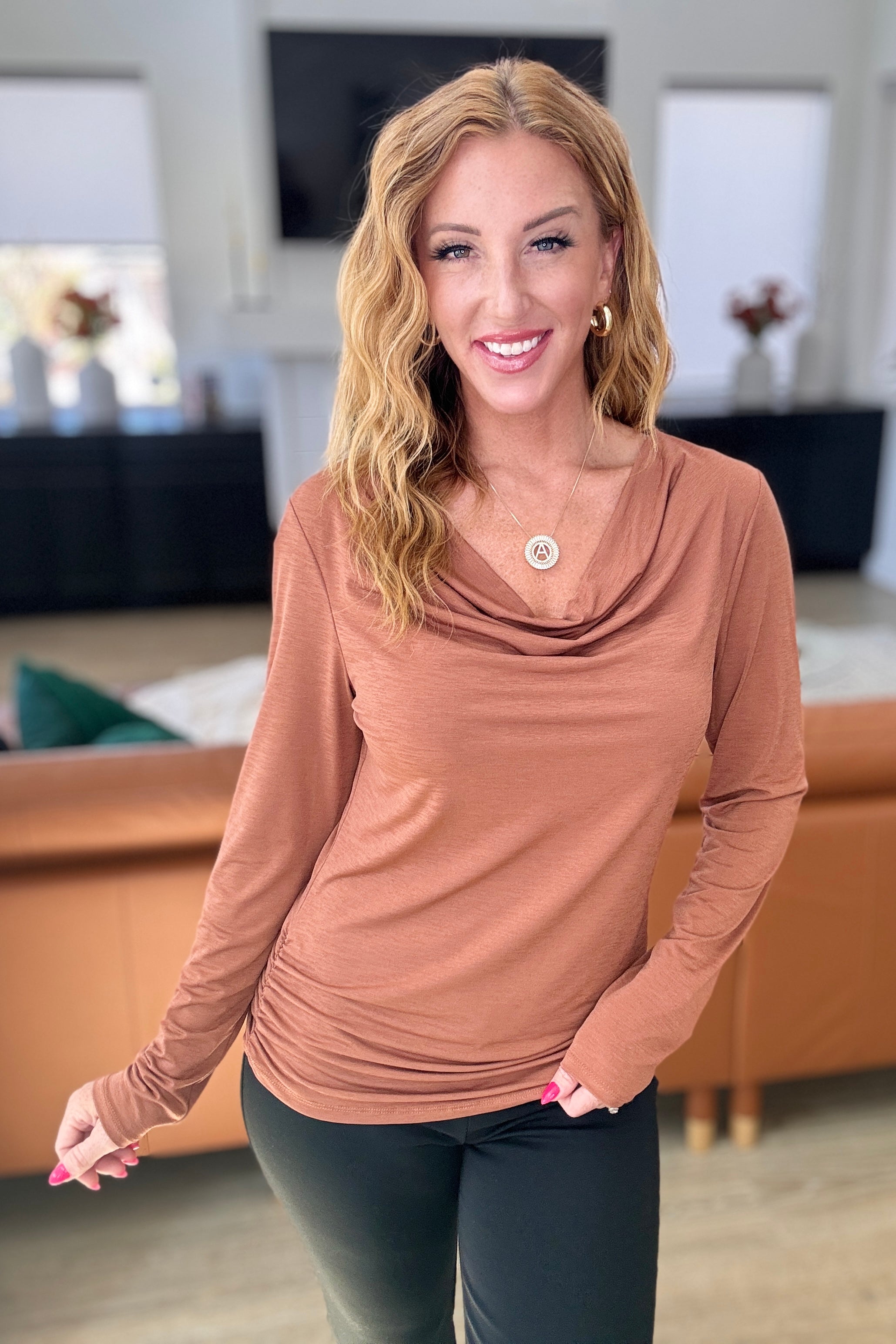 Elegant Ruched Cowl Neck Blouse in Rust - Women's Fashion Tops for Casual Wear, Office & Date Night Outfits