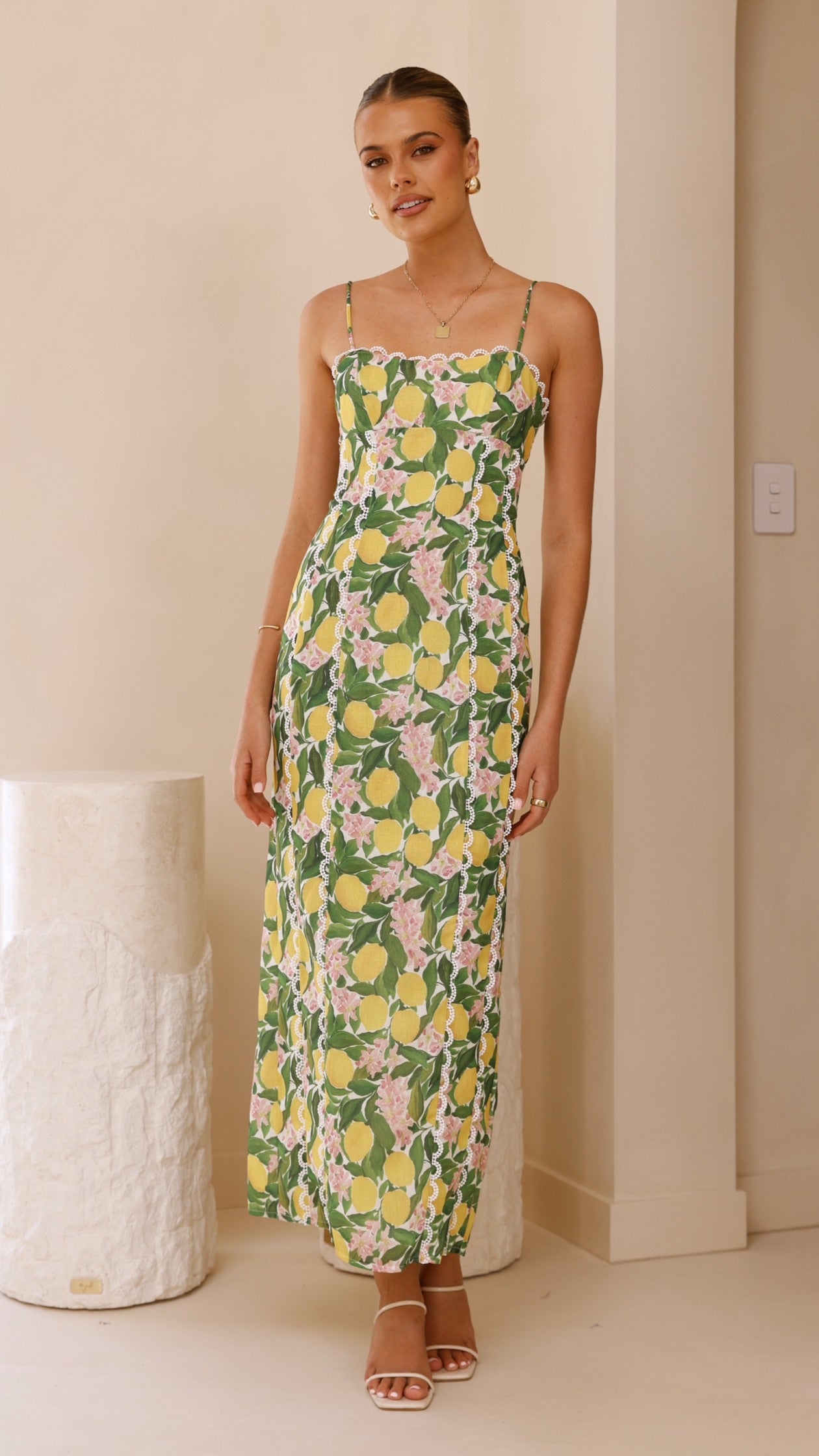 Carlia Midi Dress - Flowy Lemon Print Summer Dress for Women | Casual Beach Wear, Vacation Outfit & Party Dress