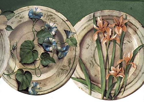 Green Floral Dishes Scalloped Prepasted Wallpaper Border - Self-Adhesive Wall Decor for Bedroom, Nursery & Dining Room