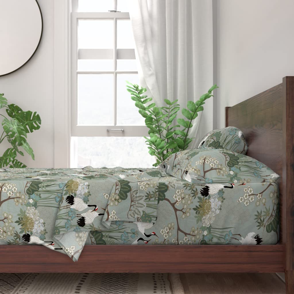 Spoonflower 100% Cotton Twin Sheet Set 3pc - Japanese Garden Floral Birds Cranes Asian Sage Cherry Blossom Print Custom Bedding for Home Decor & Boho Chic Bedroom