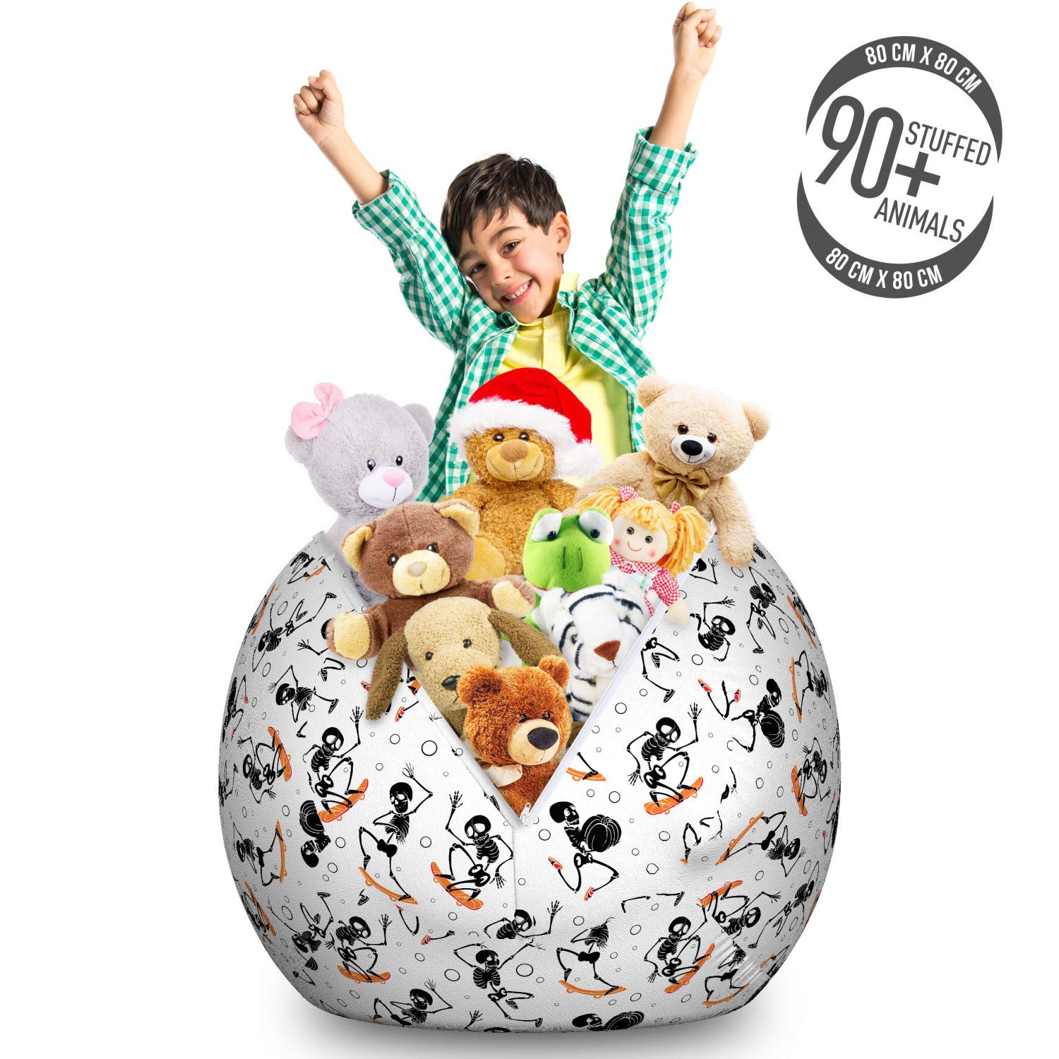 Ambesonne Skeleton Storage Toy Bag Chair - Large Washable Stuffed Animal Organizer with Whimsical Skateboard & Bubbles Design in Charcoal Grey & White | Perfect for Kids' Room, Playroom & Dorm Organization