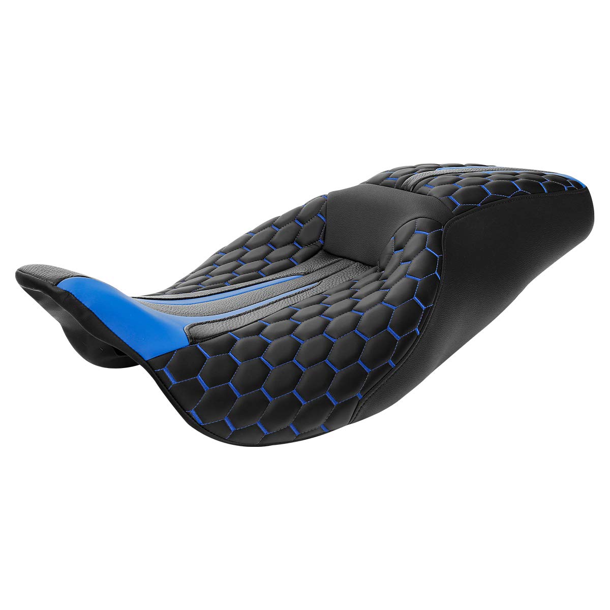 Hexagon Stitched Low-Profile Touring Seat for Harley Davidson Road King, Street Glide, Road Glide, Electra Glide CVO (2009-2020) - Comfortable Blue Motorcycle Seat for Long Rides & Cruising