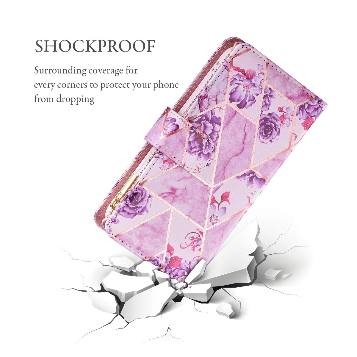 Premium PU Leather Wallet Case for iPhone 12 Pro Max - Magnetic Closure, Zipper Pocket, Kickstand & Card Slots with Hand Strap | Stylish Marble Flip Phone Case for Women (Purple Flower Design) | Perfect for Daily Use, Travel & Shopping