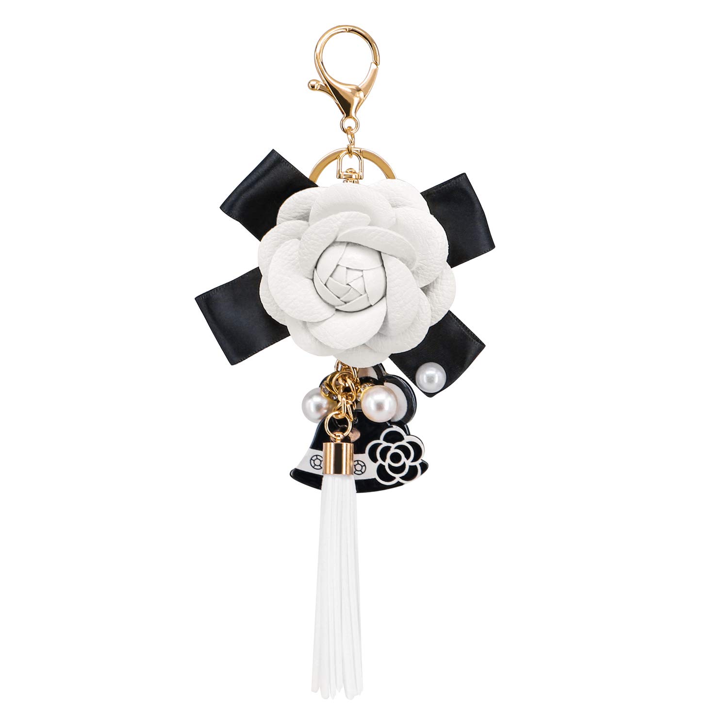 Elegant White Leather Keychain with Pearl Pendant & Long Tassel - Flower Key Ring for Handbags, Purses & Car Keys - Perfect Gift & Fashion Accessory (Ideal for Everyday Use, Parties & Special Occasions)
