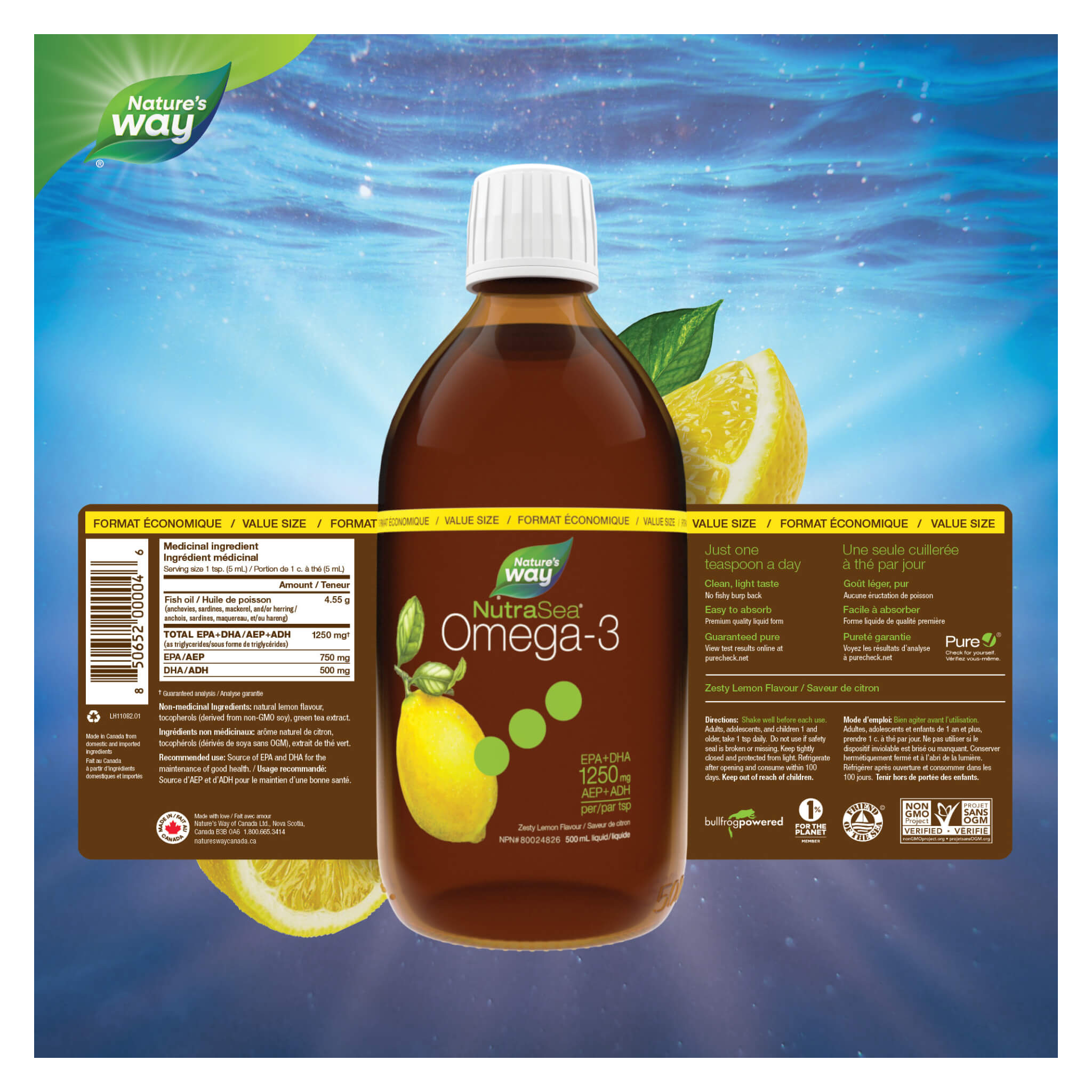 NutraSea Omega-3 Liquid Supplement - Zesty Lemon Flavor, 500 mL - Supports Heart, Brain & Joint Health for Adults & Kids